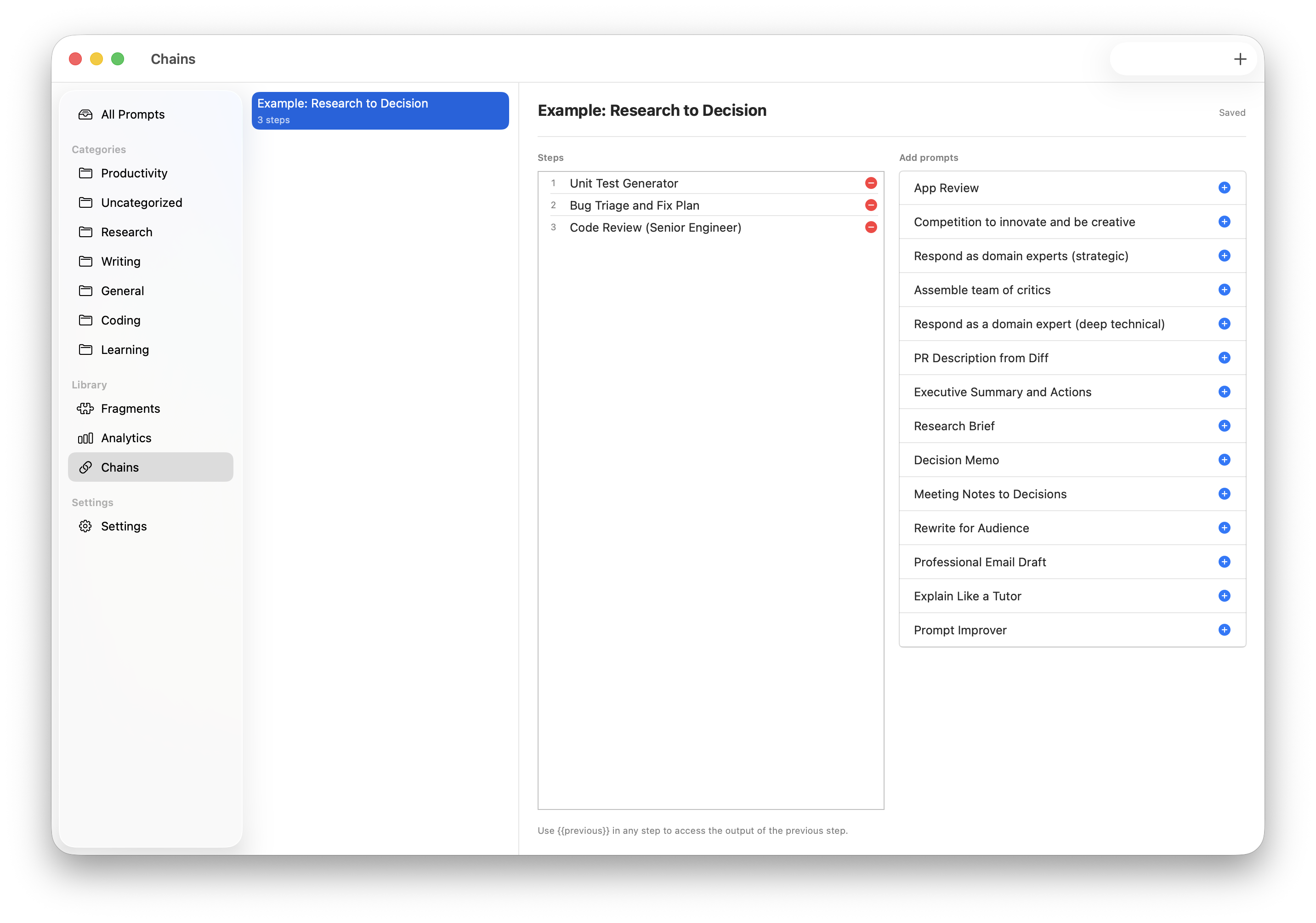Chain editor showing multi-step prompt workflow with step-by-step execution