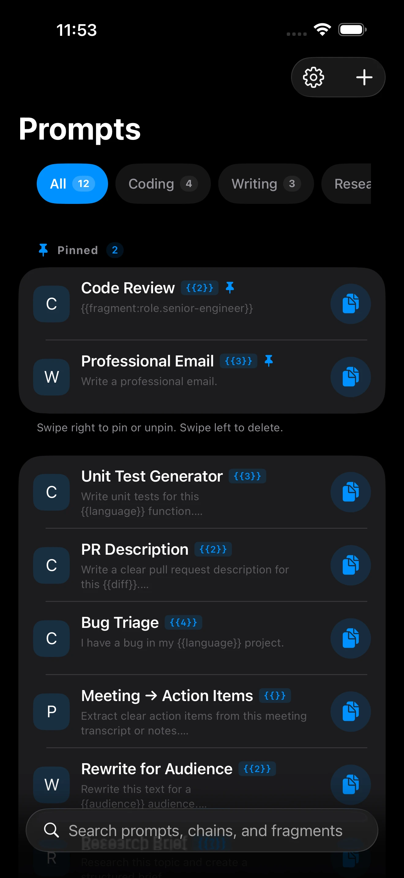 Promptuary on iPhone showing the unified prompt workspace