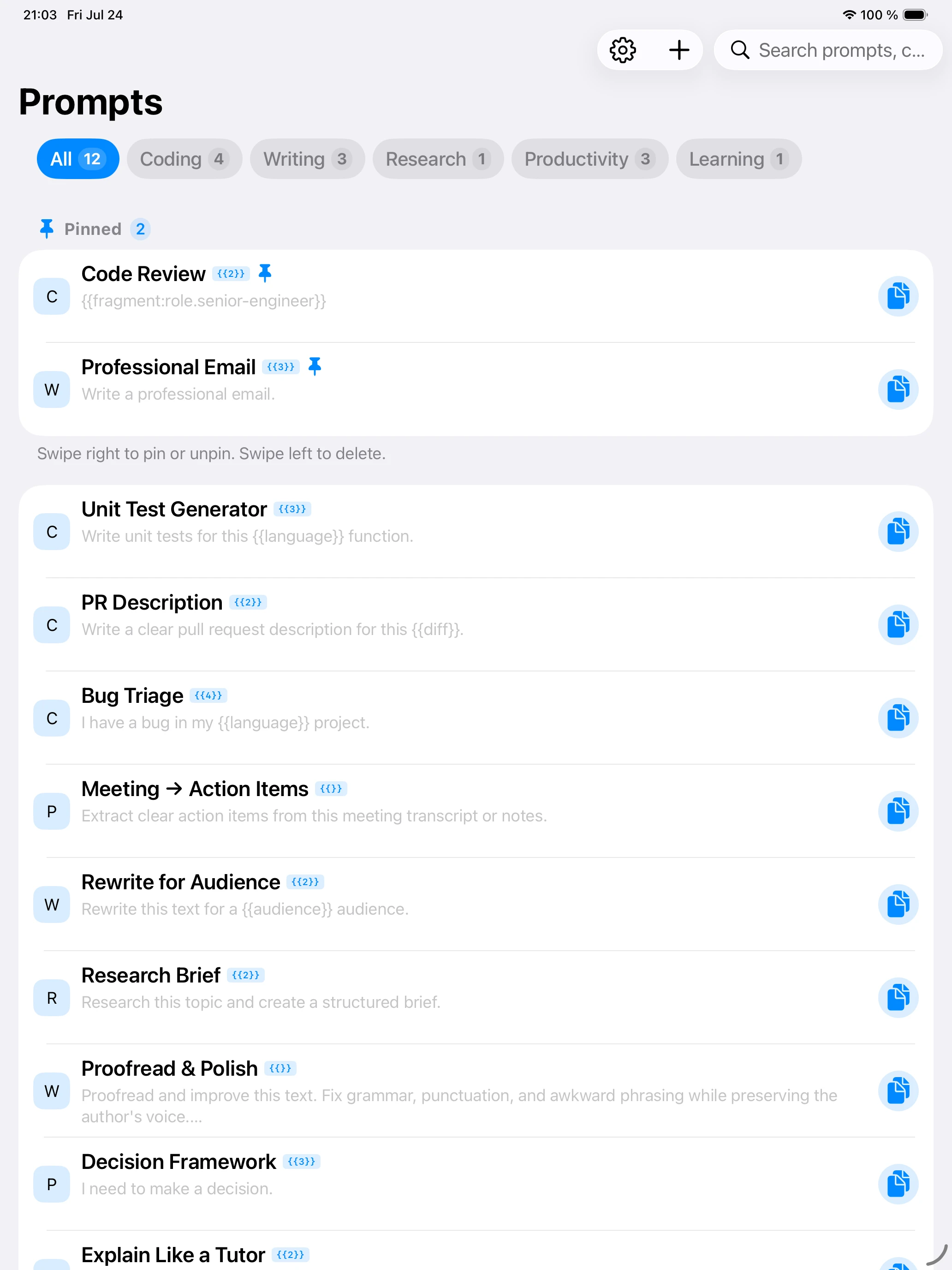 Promptuary on iPad showing prompts, chains, and fragments in one workspace