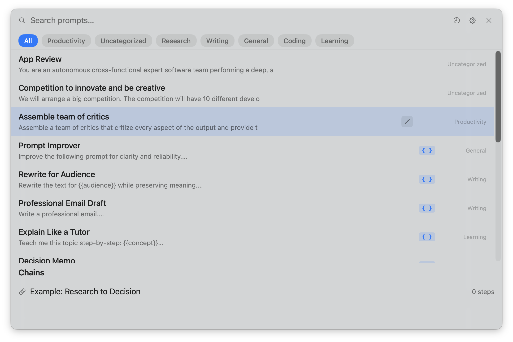 Promptuary launcher window showing prompt search and category filters