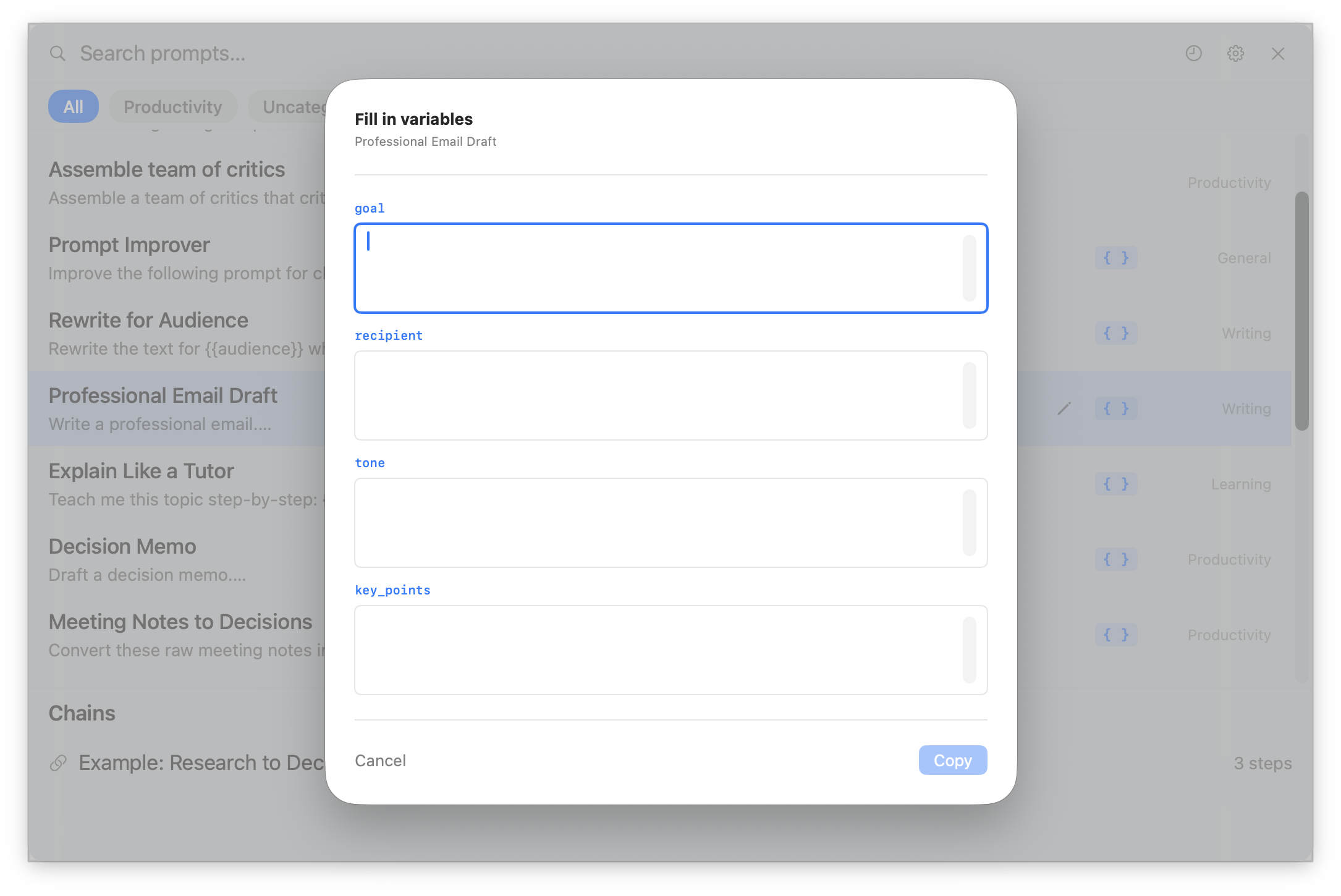 Variable fill-in sheet with autocomplete suggestions from previous values